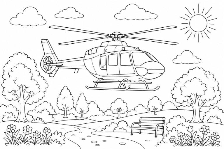 Polizeihubschrauber über dem Park - Ausmalbild ab 8 Jahren