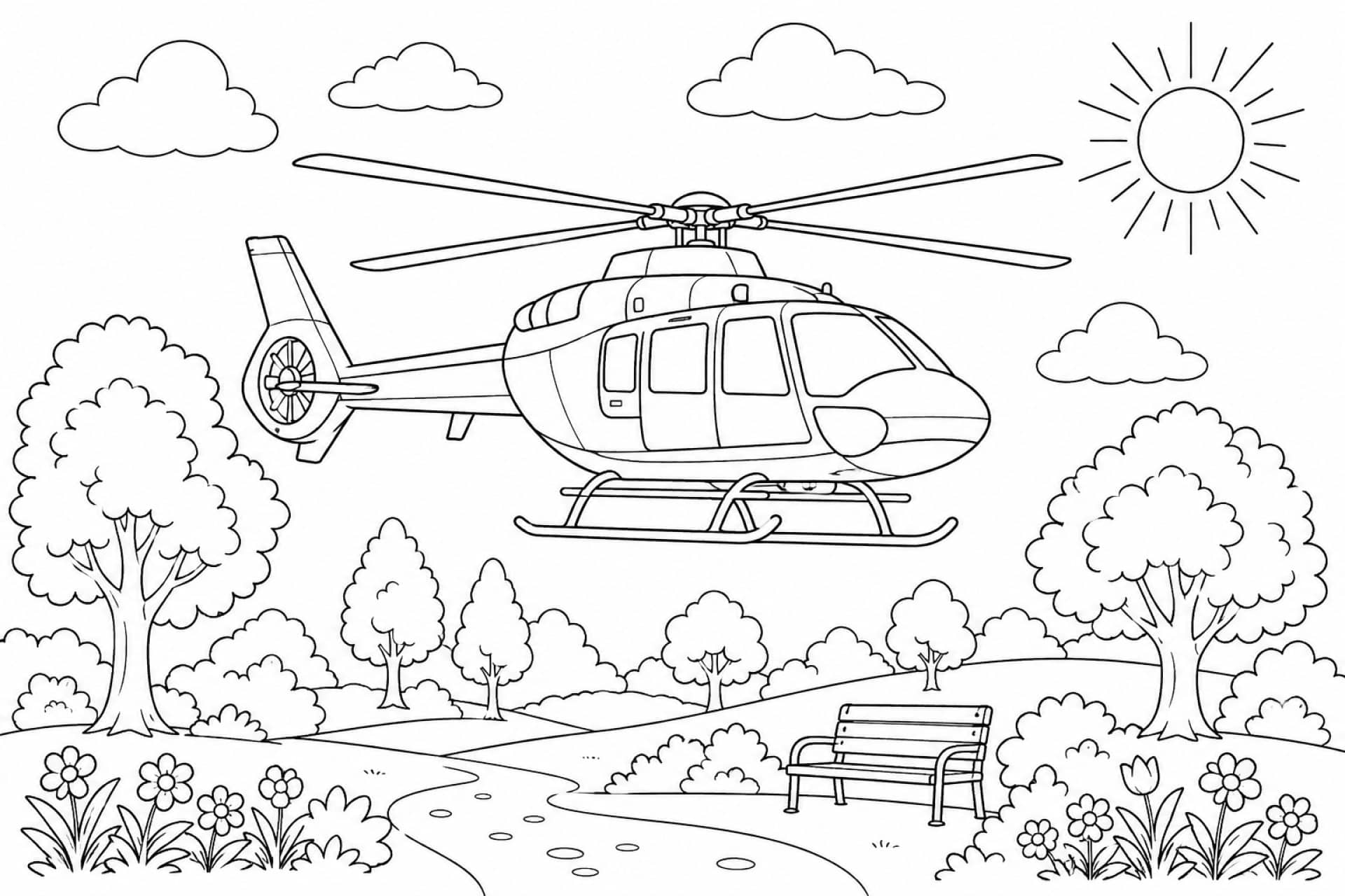 Polizeihubschrauber über dem Park - Ausmalbild ab 8 Jahren