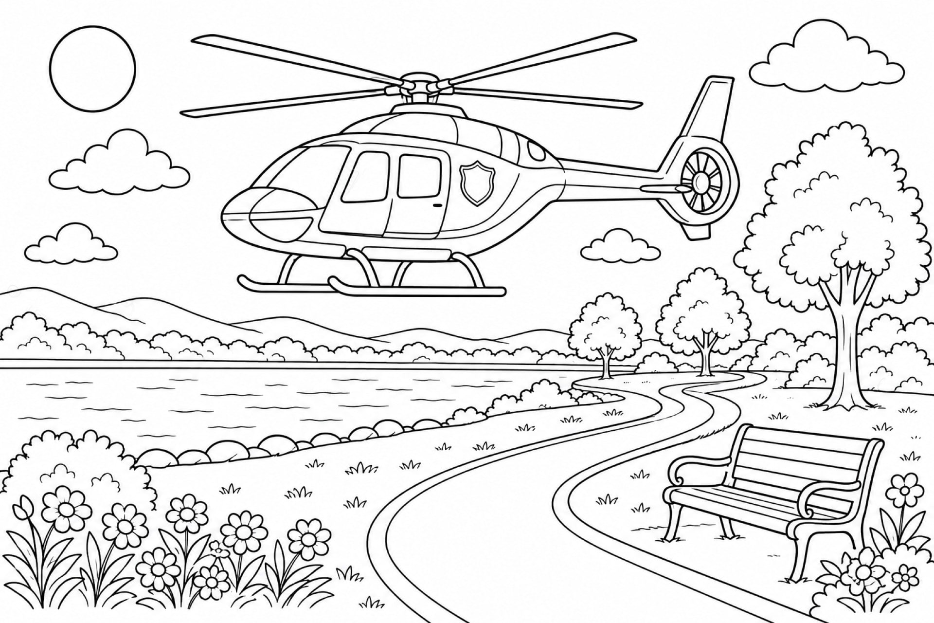 Polizeihubschrauber über dem Seepark - Ausmalbild ab 8 Jahren