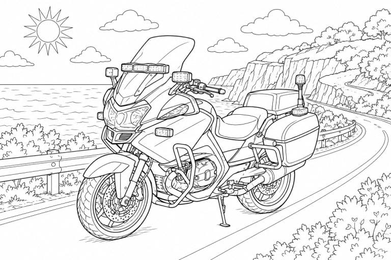 Polizeimotorrad an der Küstenstraße - Ausmalbild ab 8 Jahren