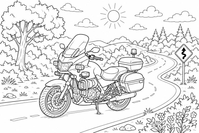 Polizeimotorrad auf der Landstraße - Ausmalbild ab 8 Jahren