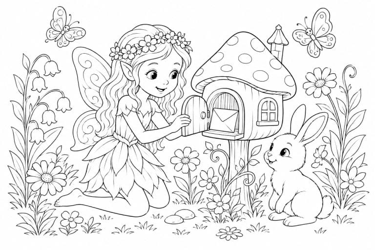 Fee am Pilzbriefkasten mit Hase - Ausmalbild ab 8 Jahren