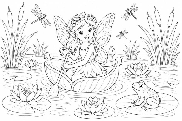 Fee im Blumenboot auf dem Teich - Ausmalbild ab 8 Jahren