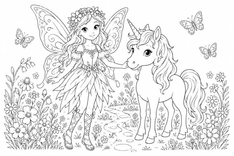 Fee mit Einhorn auf der Blumenwiese - Ausmalbild ab 8 Jahren