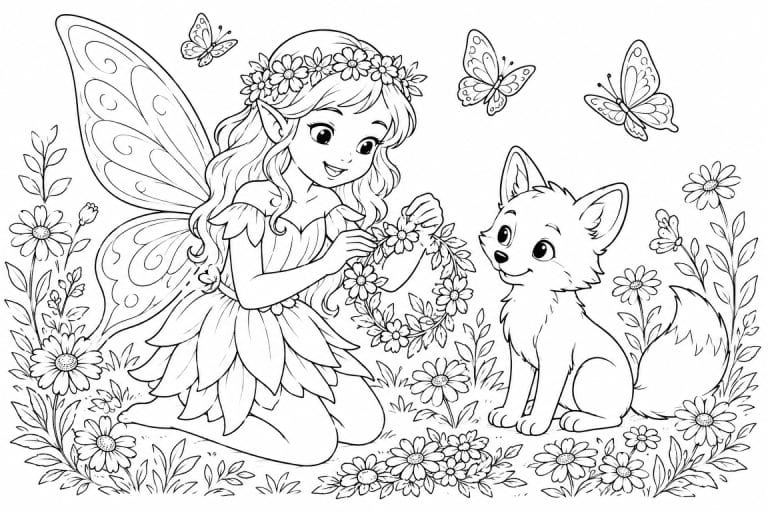 Fee mit Fuchsjungem beim Blumenkranz - Ausmalbild ab 8 Jahren