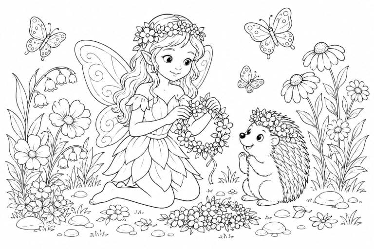 Fee mit Igel beim Blumenkranz - Ausmalbild ab 8 Jahren
