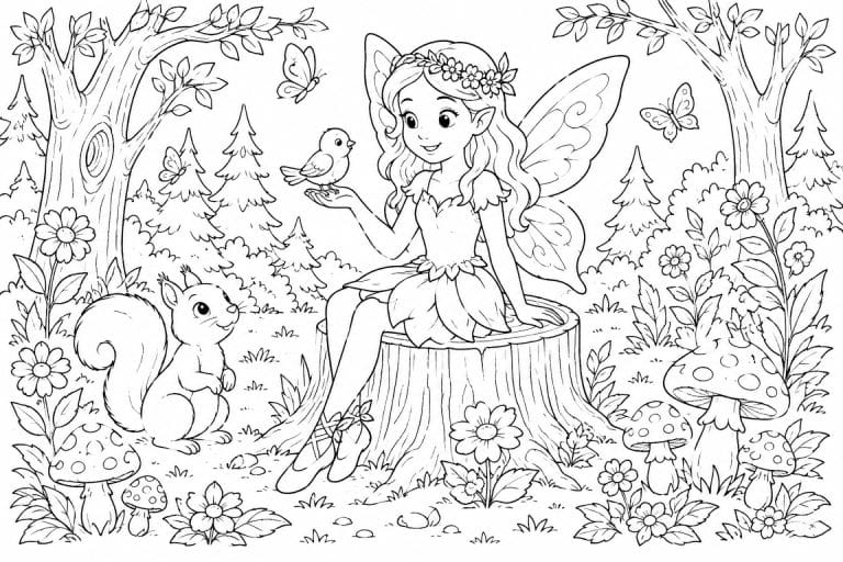 Fee mit Vogel und Eichhörnchen im Wald - Ausmalbild ab 8 Jahren