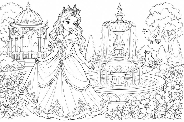Prinzessin am Schlossbrunnen - Ausmalbild ab 8 Jahren
