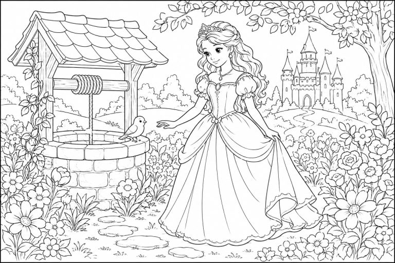 Prinzessin am Wunschbrunnen - Ausmalbild ab 8 Jahren