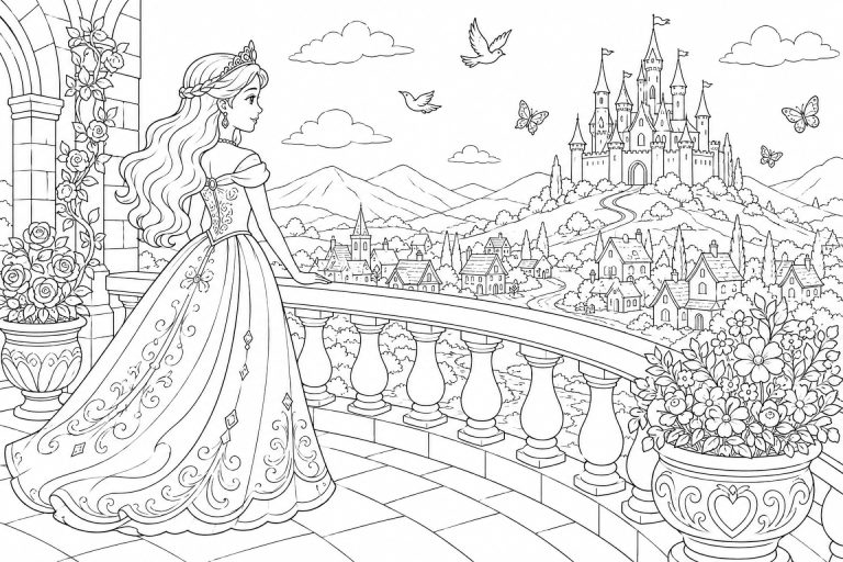 Prinzessin auf dem Balkon mit Blick ins Königreich - Ausmalbild ab 8 Jahren