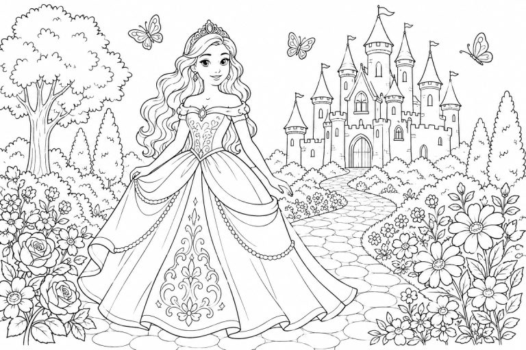 Prinzessin auf dem Blumenweg zum Schloss - Ausmalbild ab 8 Jahren
