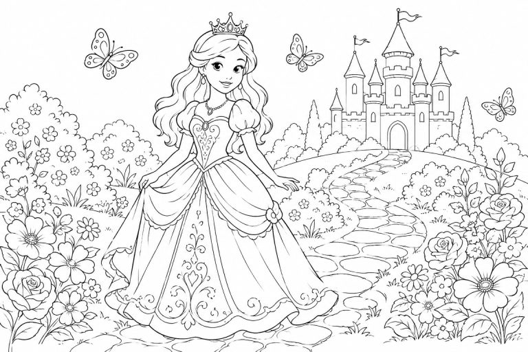 Prinzessin auf dem Gartenweg zum Schloss - Ausmalbild ab 8 Jahren