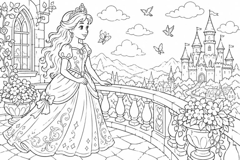 Prinzessin auf dem Schlossbalkon - Ausmalbild ab 8 Jahren
