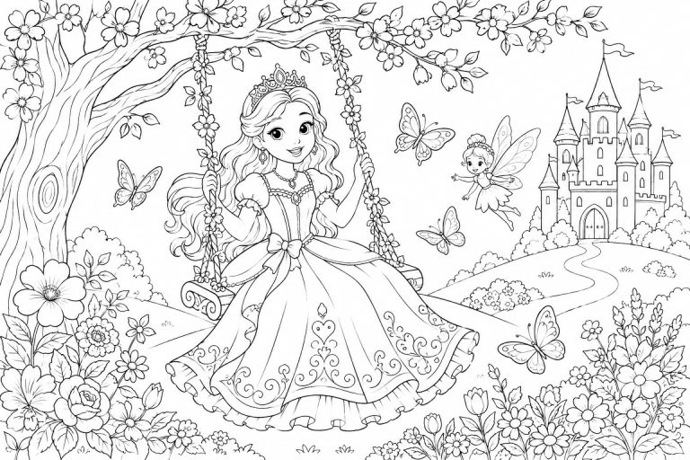 Prinzessin auf der Blumenschaukel - Ausmalbild ab 8 Jahren