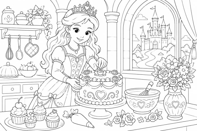 Prinzessin beim Backen in der Schlossküche - Ausmalbild ab 8 Jahren