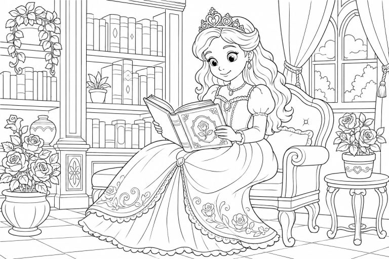 Prinzessin beim Lesen in der Bibliothek - Ausmalbild ab 8 Jahren