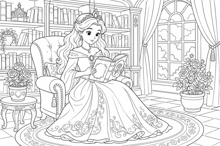 Prinzessin beim Lesen in der Schlossbibliothek - Ausmalbild ab 8 Jahren