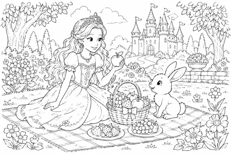 Prinzessin beim Picknick mit Hase - Ausmalbild ab 8 Jahren