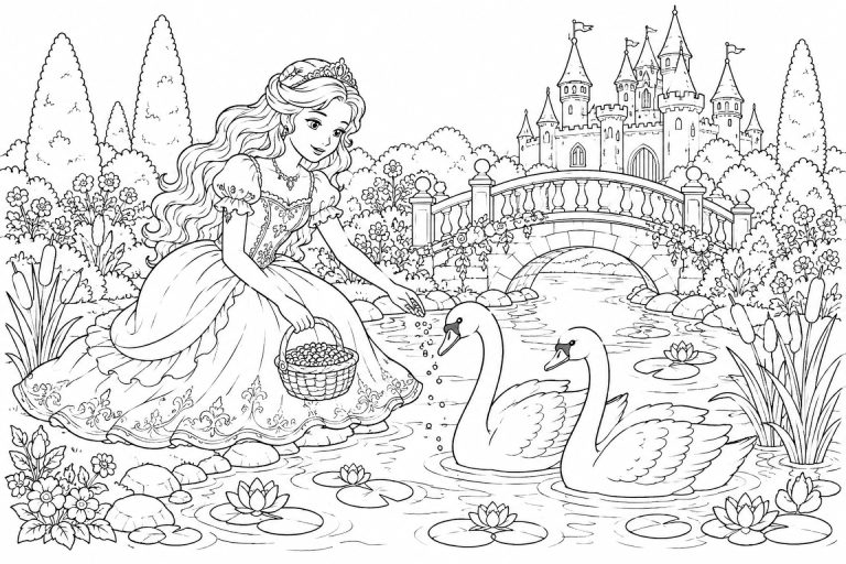 Prinzessin füttert Schwäne am Teich - Ausmalbild ab 8 Jahren