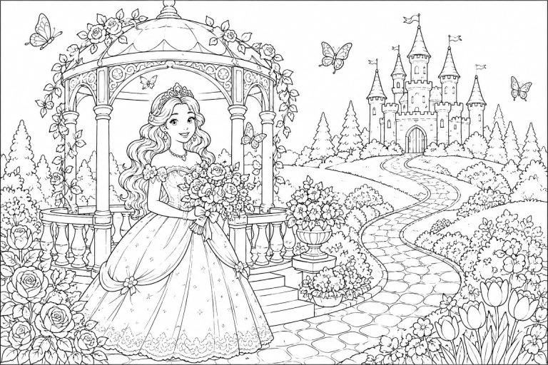 Prinzessin im Pavillon mit Blumenstrauß - Ausmalbild ab 8 Jahren