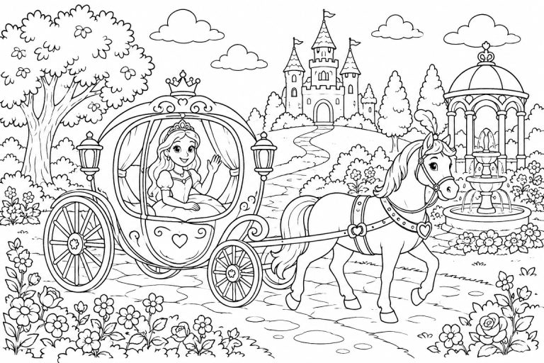Prinzessin in der Märchenkutsche - Ausmalbild ab 8 Jahren