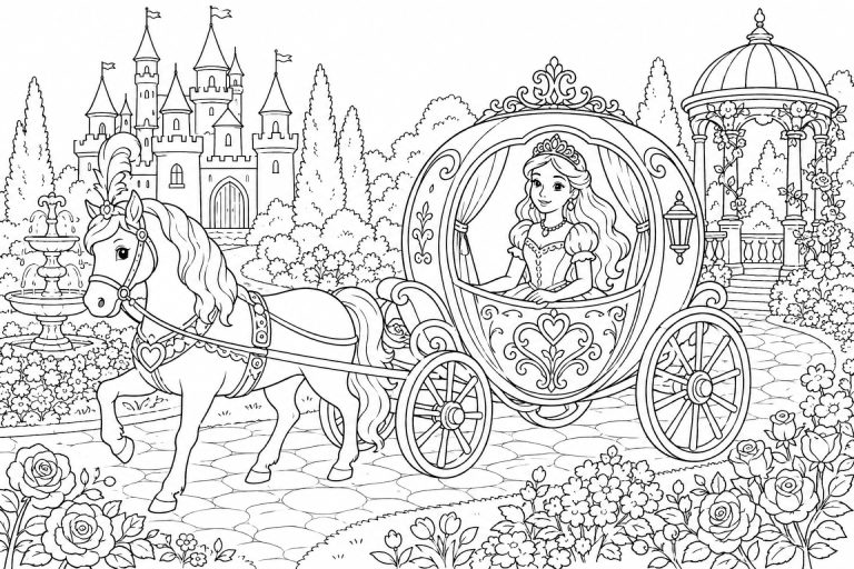 Prinzessin in der runden Märchenkutsche - Ausmalbild ab 8 Jahren