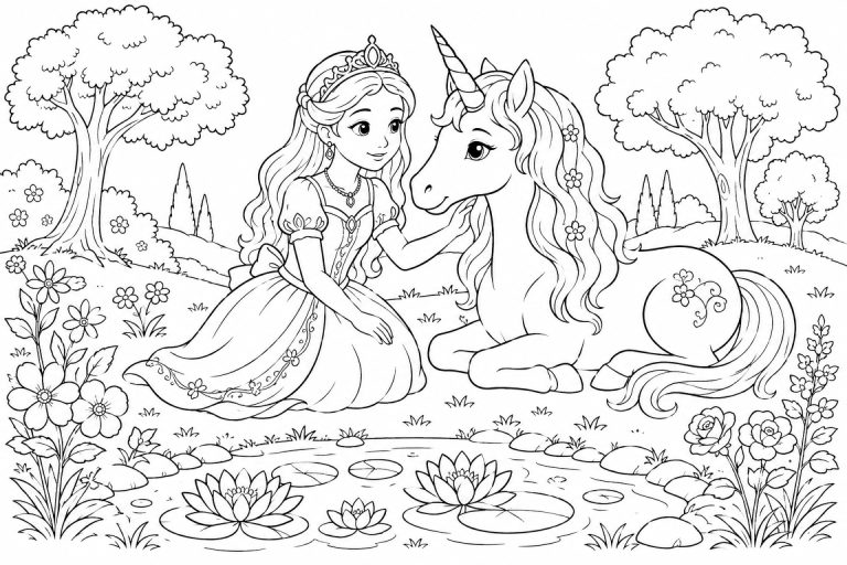 Prinzessin mit Einhorn am Seerosenteich - Ausmalbild ab 8 Jahren