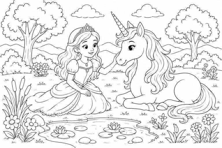 Prinzessin mit Einhorn am Teich - Ausmalbild ab 8 Jahren