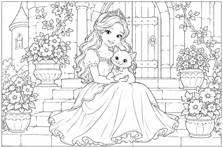 Prinzessin mit Kätzchen am Schlosstor - Ausmalbild ab 8 Jahren