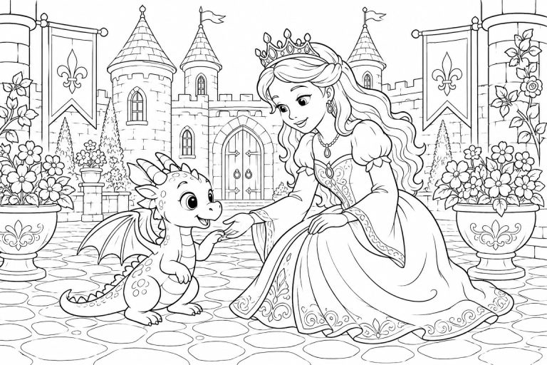 Prinzessin mit kleinem Drachen im Schlosshof - Ausmalbild ab 8 Jahren