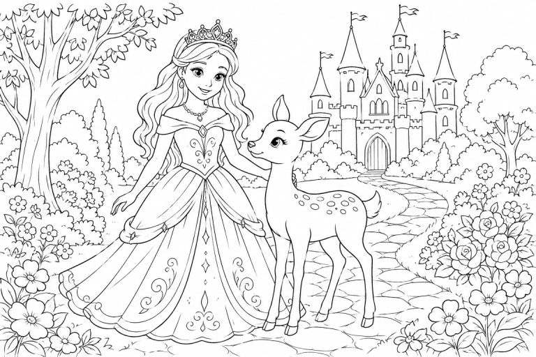 Prinzessin mit Reh im Schlossgarten - Ausmalbild ab 8 Jahren