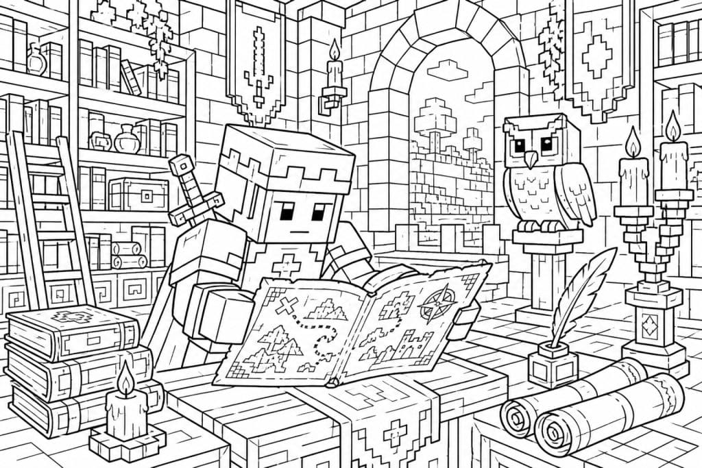 Bloxwelt Kartenstudium in der Bibliothek - Ausmalbild ab 8 Jahren