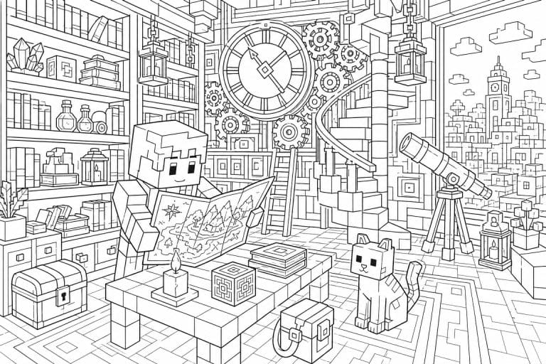 Bloxwelt Uhrturm-Bibliothek mit Schatzkarte - Ausmalbild ab 8 Jahren