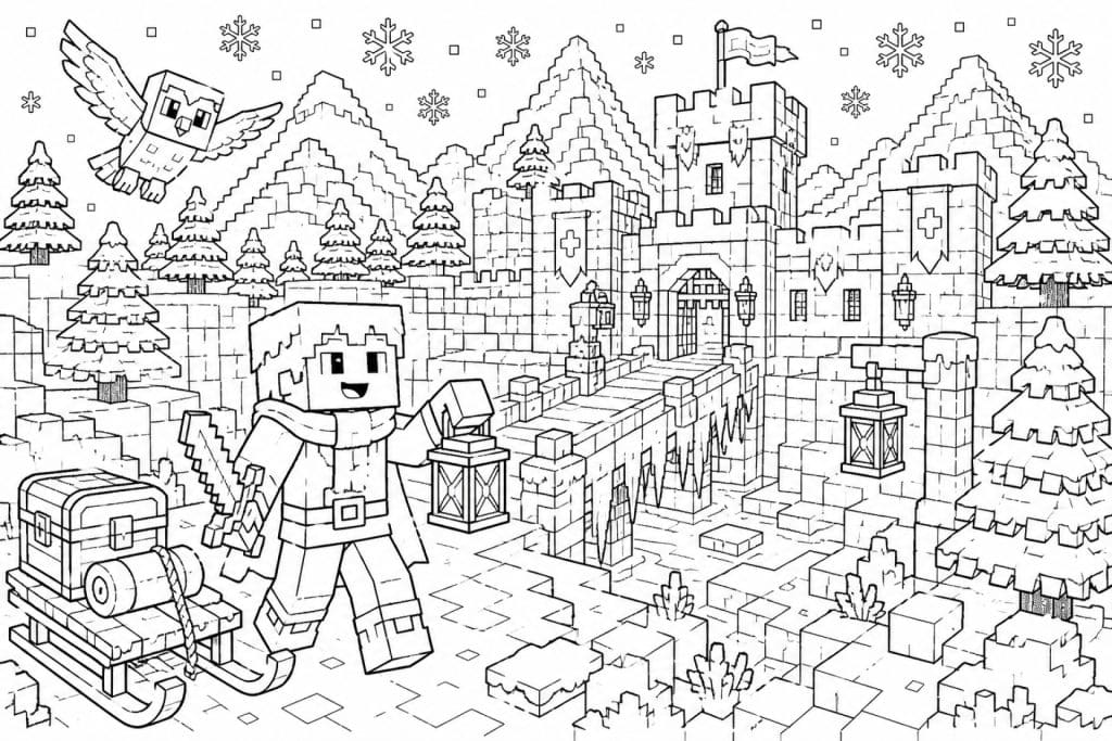 Bloxwelt Winterfestung mit Schlitten - Ausmalbild ab 8 Jahren