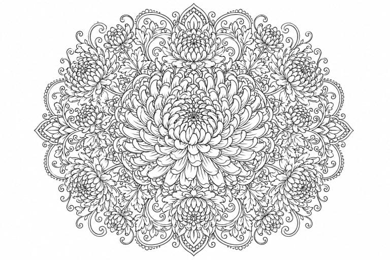 Chrysanthemen Mandala - Ausmalbild ab Erwachsene