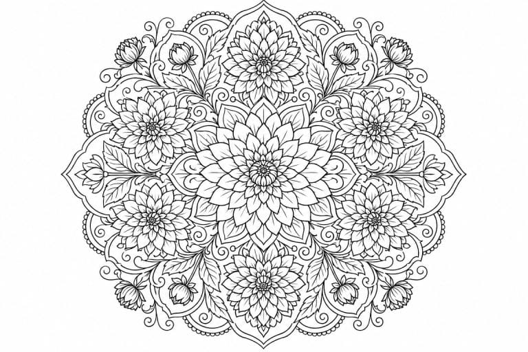 Dahlien Mandala - Ausmalbild ab Erwachsene