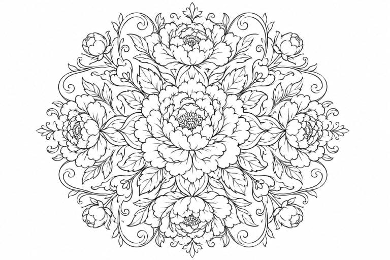 Elegantes Pfingstrosen Mandala - Ausmalbild ab Erwachsene