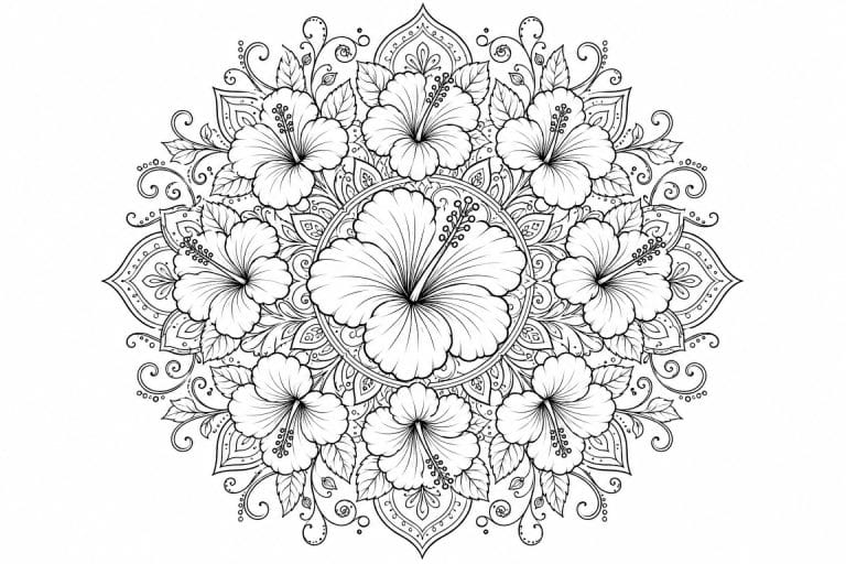 Hibiskus Mandala - Ausmalbild ab Erwachsene