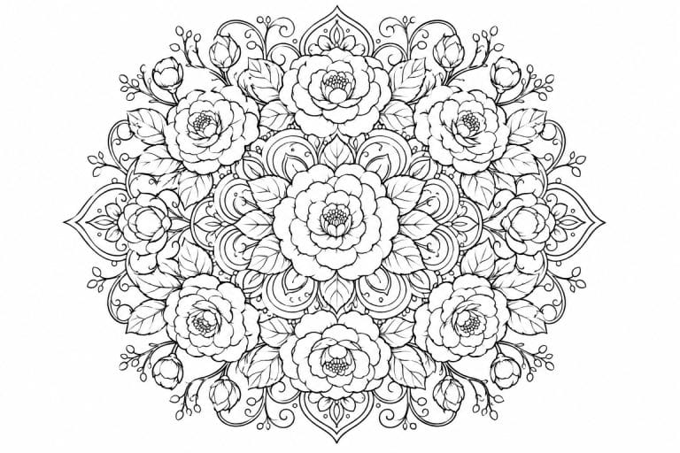 Kamelien Mandala - Ausmalbild ab Erwachsene