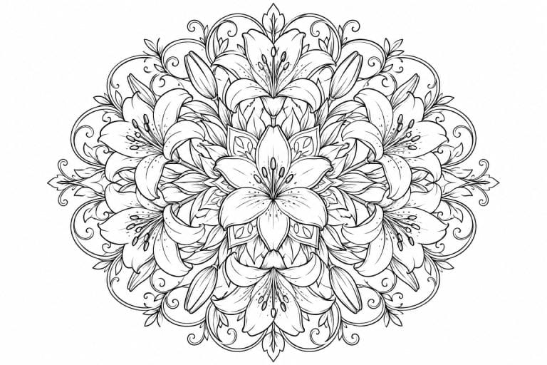 Lilien Mandala - Ausmalbild ab Erwachsene