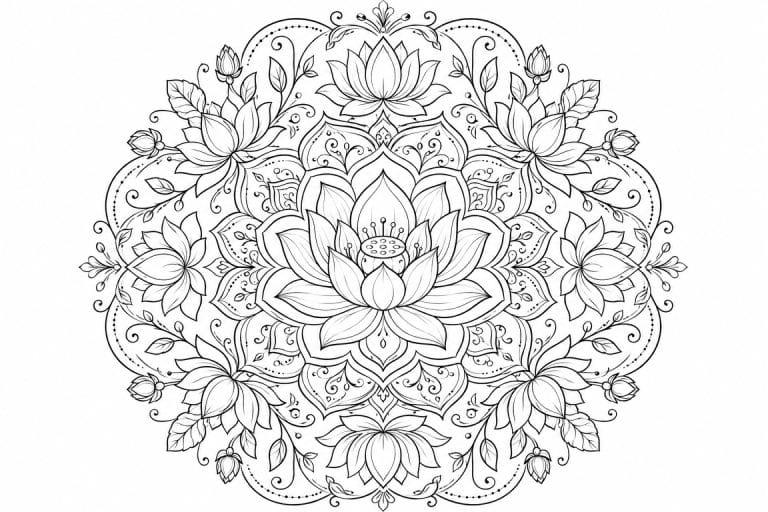 Lotus Mandala mit Blütenknospen - Ausmalbild ab Erwachsene