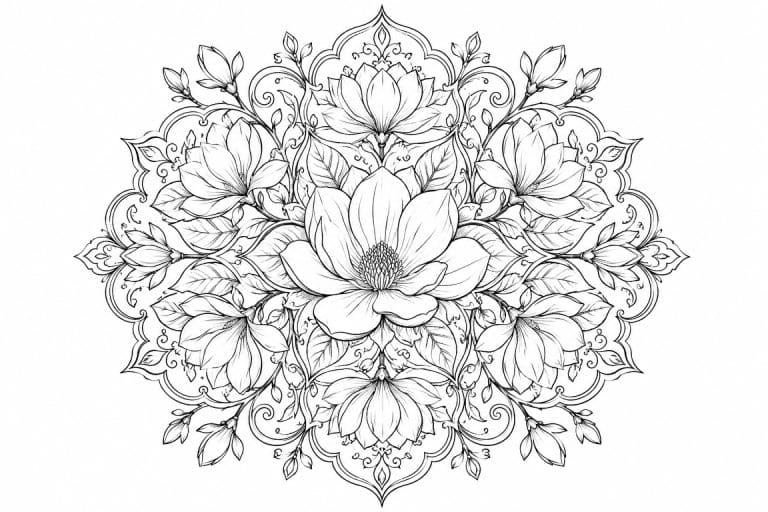 Magnolien Mandala - Ausmalbild ab Erwachsene