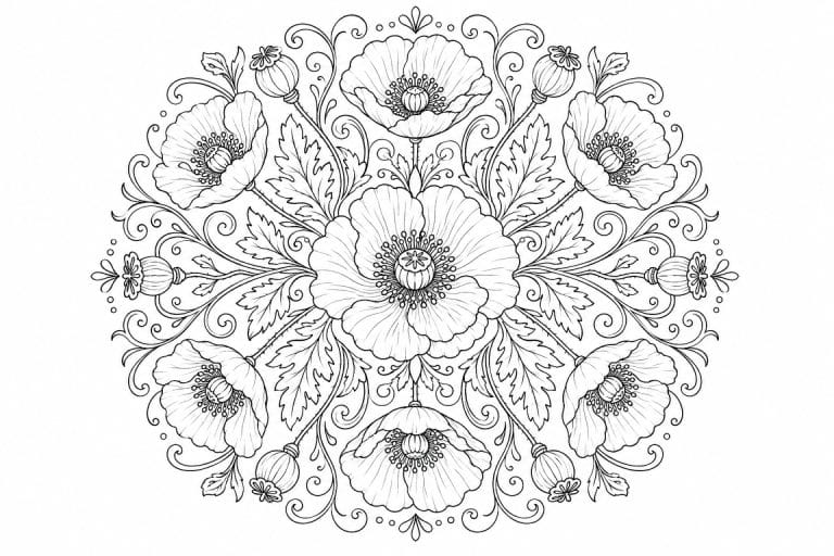 Mohnblumen Mandala - Ausmalbild ab Erwachsene