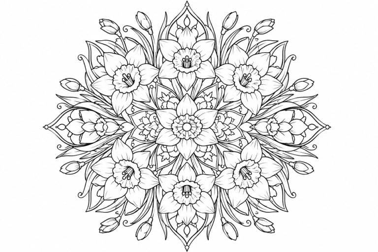 Narzissen Mandala - Ausmalbild ab Erwachsene