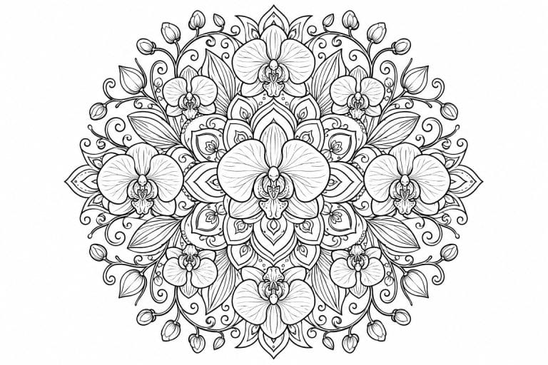 Orchideen Mandala - Ausmalbild ab Erwachsene