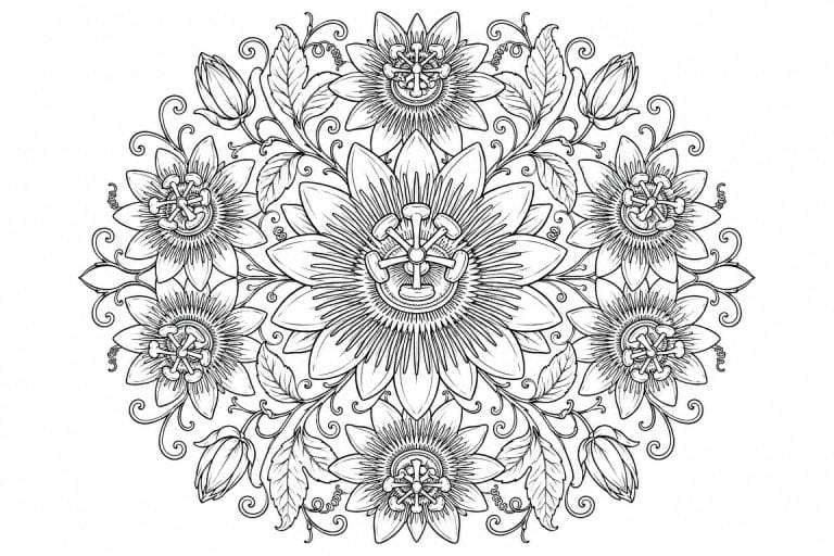 Passionsblumen Mandala - Ausmalbild ab Erwachsene