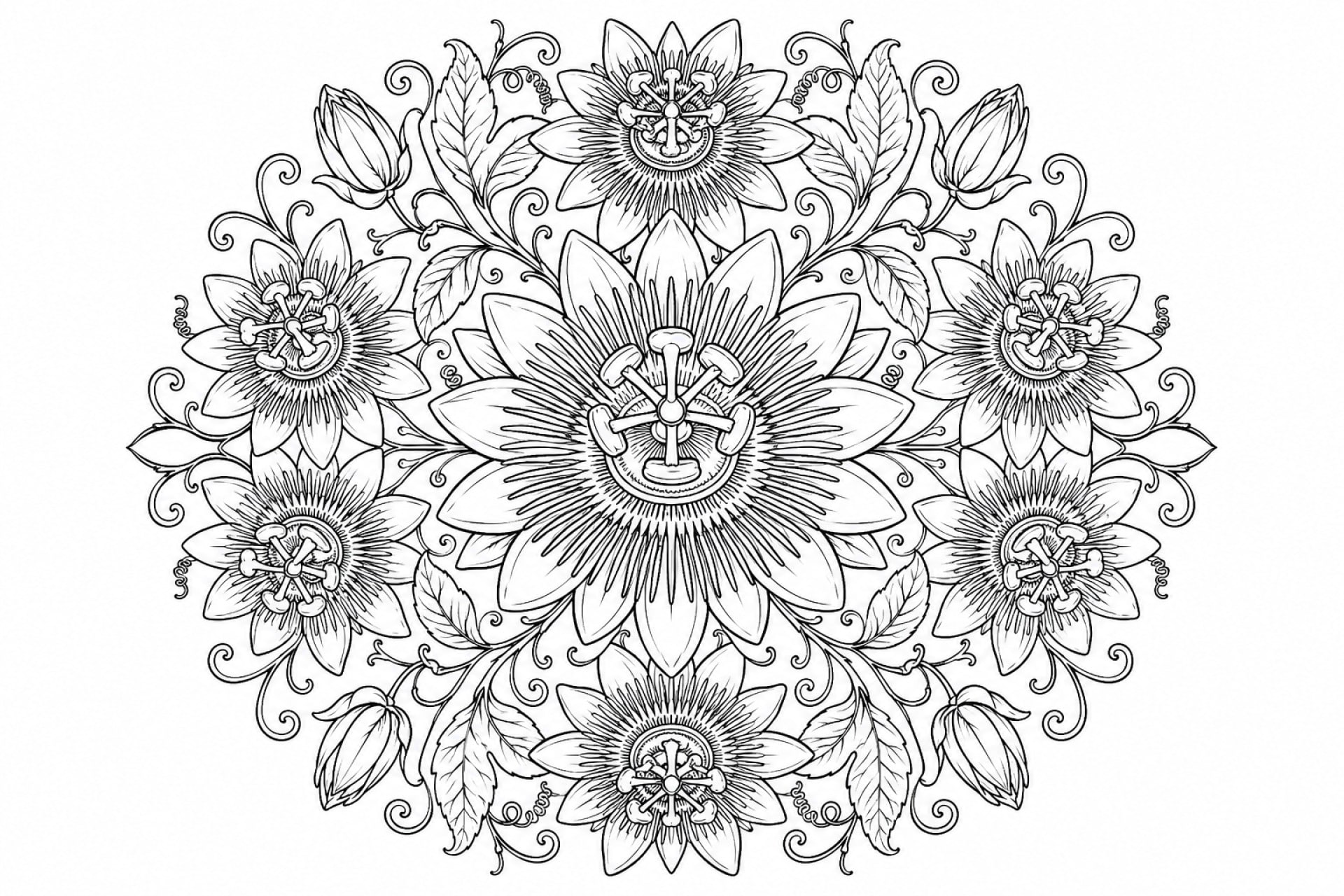 Passionsblumen Mandala - Ausmalbild ab Erwachsene