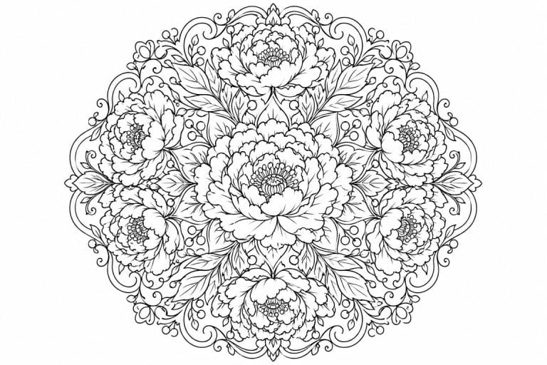 Pfingstrosen Mandala - Ausmalbild ab Erwachsene
