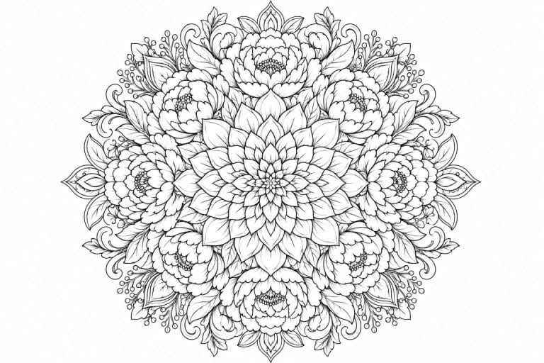 Pfingstrosen Mandala mit Ornamenten - Ausmalbild ab Erwachsene