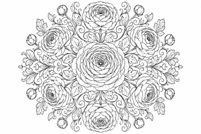 Ranunkel Mandala - Ausmalbild ab Erwachsene